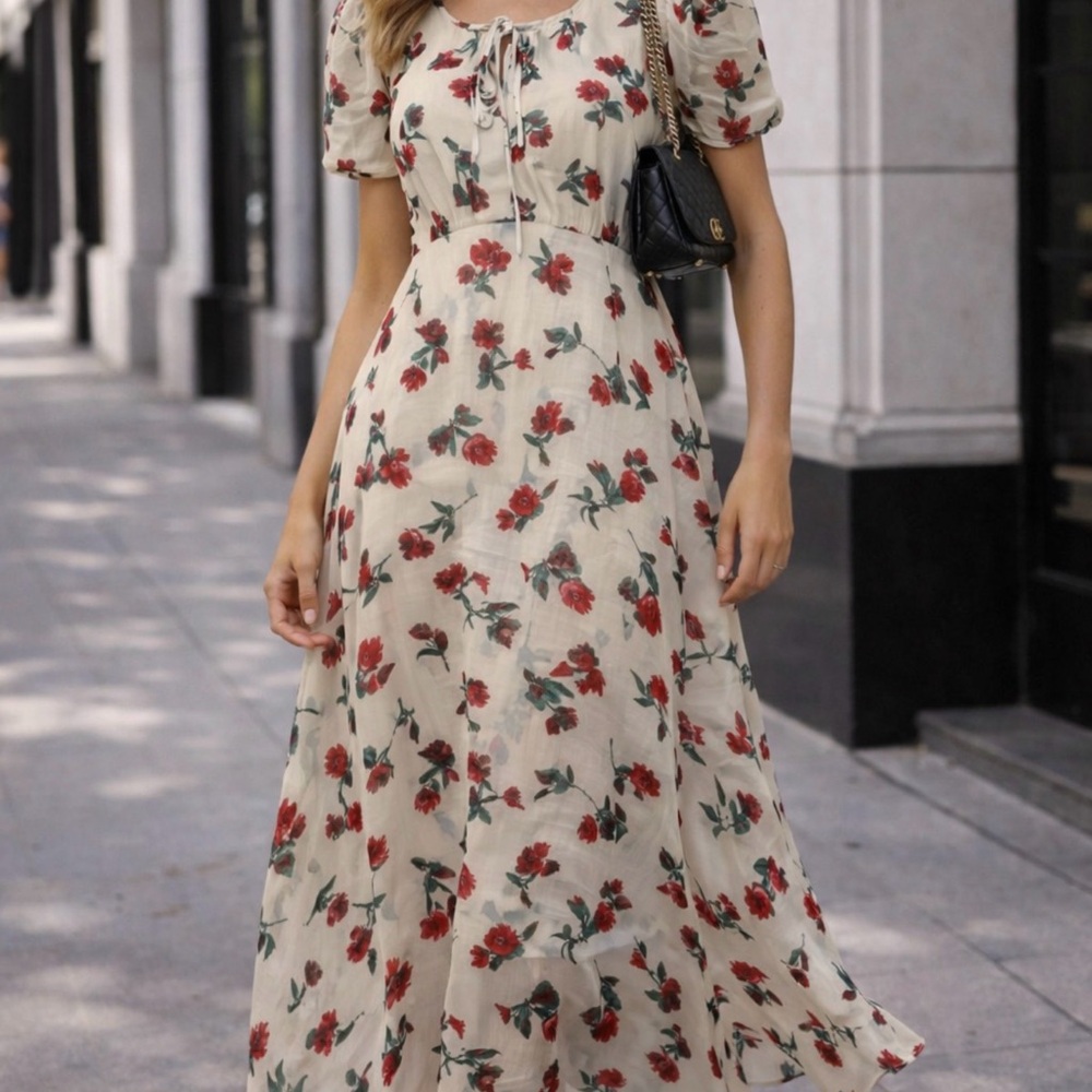Relished Cream and Red Floral Maxi Dress